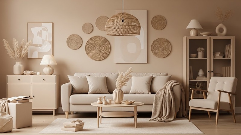 living room in earth tones with overly similar shades causing a flat and dull appearance