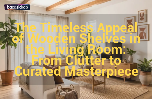 Wooden shelves in the living room styled with books, plants, and decorative objects